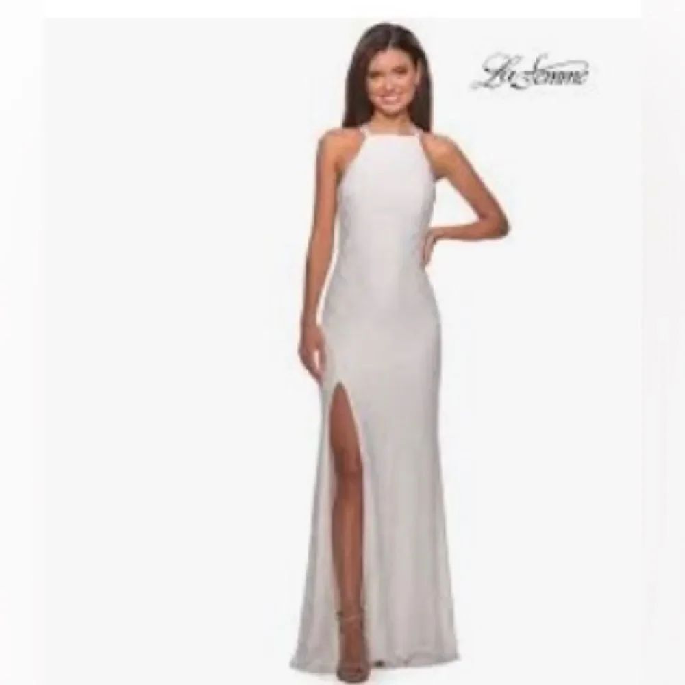 NEW La Femme white 27046 appliquéd and embellished sheath maxi gown dress 2